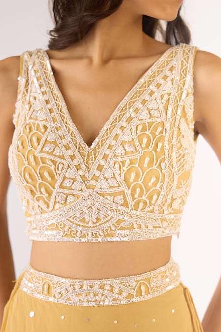 Basanti - Kapde Aur Koffee_Gold Georgette Beads, Cut Work V-, Open Embroidered Lehenga Set_Online_at_Aza_Fashions