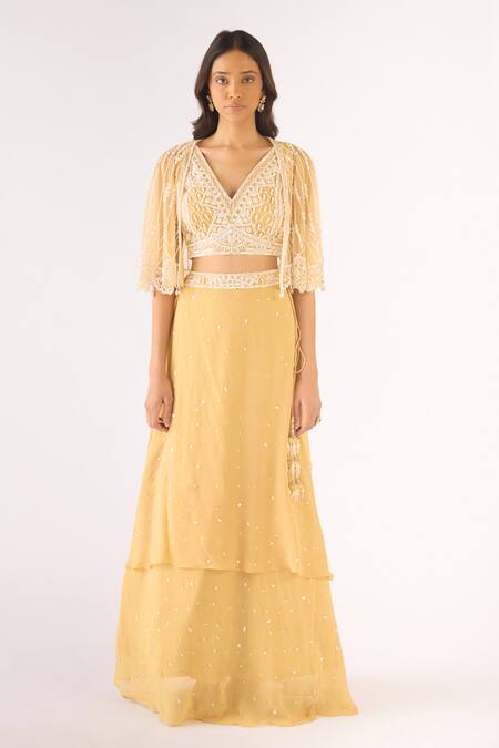 Basanti - Kapde Aur Koffee Gold Georgette Beads, Cut Work V-, Open Embroidered Lehenga Set