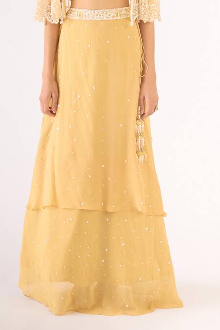 Buy_Basanti - Kapde Aur Koffee_Gold Georgette Beads, Cut Work V-, Open Embroidered Lehenga Set_Online_at_Aza_Fashions