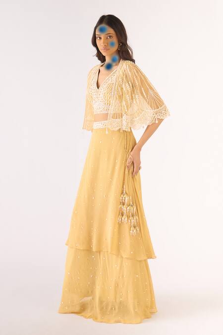 Shop_Basanti - Kapde Aur Koffee_Gold Georgette Beads, Cut Work V-, Open Embroidered Lehenga Set_Online_at_Aza_Fashions
