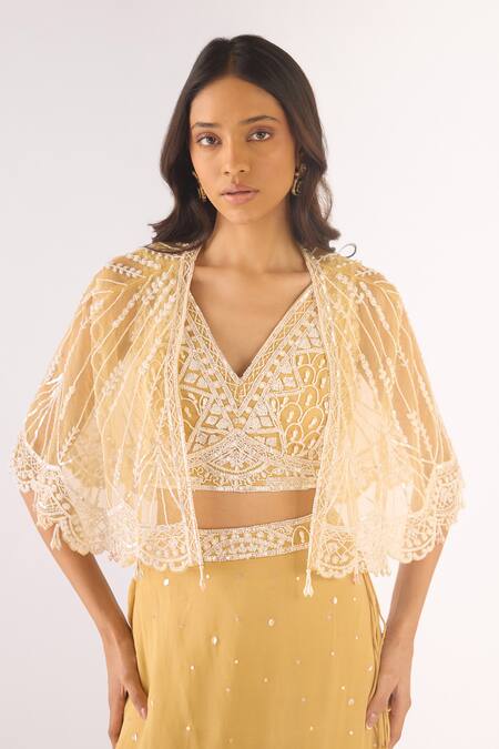 Basanti - Kapde Aur Koffee_Gold Georgette Beads, Cut Work V-, Open Embroidered Lehenga Set_at_Aza_Fashions