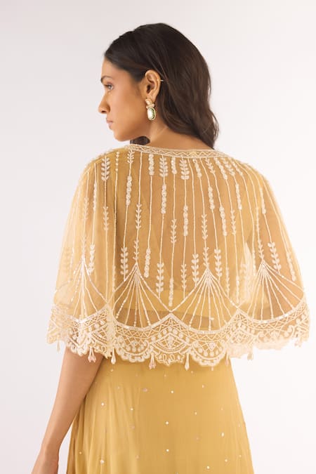 Buy_Basanti - Kapde Aur Koffee_Gold Georgette Beads, Cut Work V-, Open Embroidered Lehenga Set