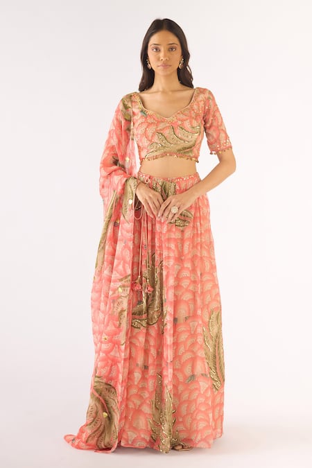 Basanti - Kapde Aur Koffee Peach Organza Sequins Scoop Neck Embroidered Lehenga Set