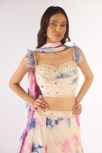 Shop Basanti Kapde aur Koffee Pink Kota Doria Sequins, Mirrors Sweetheart Neck Blue Embroidered Lehenga Set Online at Aza Fashions Shop_Basanti Kapde aur Koffee_Pink Kota Doria Sequins, Mirrors Sweetheart Neck Blue Embroidered Lehenga Set_Online_at_Aza_Fashions