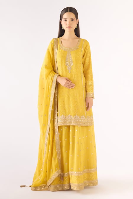 Basanti - Kapde Aur Koffee Yellow Brocade Sequins, Zari, Embroidery Round Neck Banarasi Sharara Set