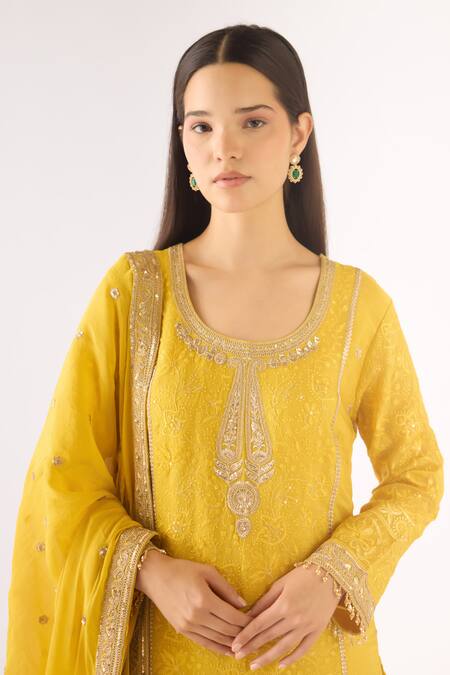 Buy Basanti - Kapde Aur Koffee Yellow Brocade Sequins, Zari, Embroidery Round Neck Banarasi Sharara Set Online at Aza Fashions Buy_Basanti - Kapde Aur Koffee_Yellow Brocade Sequins, Zari, Embroidery Round Neck Banarasi Sharara Set_Online_at_Aza_Fashions