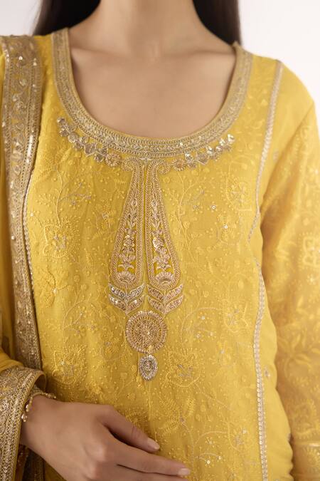 Shop Basanti - Kapde Aur Koffee Yellow Brocade Sequins, Zari, Embroidery Round Neck Banarasi Sharara Set Online at Aza Fashions Shop_Basanti - Kapde Aur Koffee_Yellow Brocade Sequins, Zari, Embroidery Round Neck Banarasi Sharara Set_Online_at_Aza_Fashions