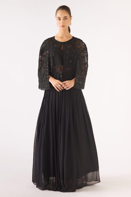Basanti - Kapde Aur Koffee Black Georgette Sequins, Beads Round Neck Embroidered Sharara Set