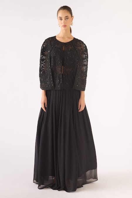 Basanti - Kapde Aur Koffee_Black Georgette Sequins, Beads Round Neck Embroidered Sharara Set _Online_at_Aza_Fashions