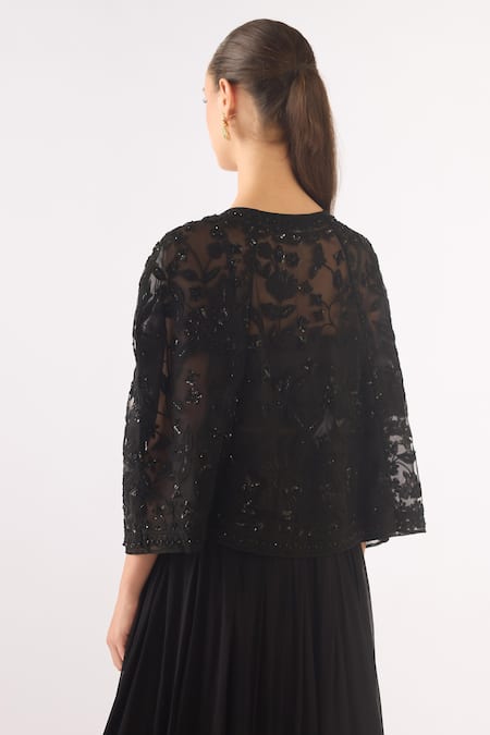 Buy_Basanti - Kapde Aur Koffee_Black Georgette Sequins, Beads Round Neck Embroidered Sharara Set _Online_at_Aza_Fashions