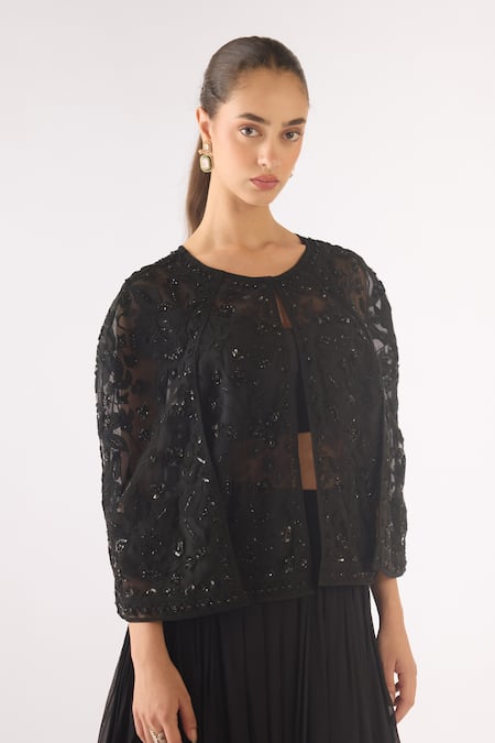 Shop_Basanti - Kapde Aur Koffee_Black Georgette Sequins, Beads Round Neck Embroidered Sharara Set _Online_at_Aza_Fashions