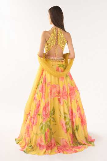 Basanti Kapde aur Koffee Yellow Georgette Embroidered Lehenga Set 
