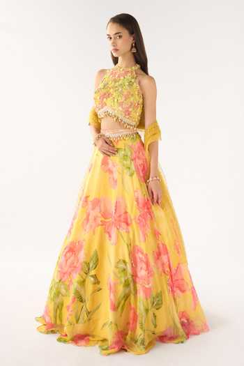 Basanti Kapde aur Koffee_Yellow Georgette Embroidery, Beads, Sequins Halter Neck Lehenga Set _Online_at_Aza_Fashions