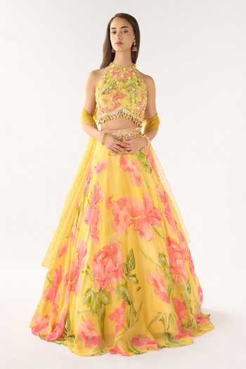 Basanti Kapde aur Koffee Yellow Georgette Embroidered Lehenga Set 
