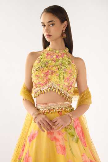 Buy_Basanti Kapde aur Koffee_Yellow Georgette Embroidery, Beads, Sequins Halter Neck Lehenga Set _Online_at_Aza_Fashions