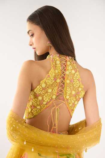 Shop_Basanti Kapde aur Koffee_Yellow Georgette Embroidery, Beads, Sequins Halter Neck Lehenga Set _Online_at_Aza_Fashions