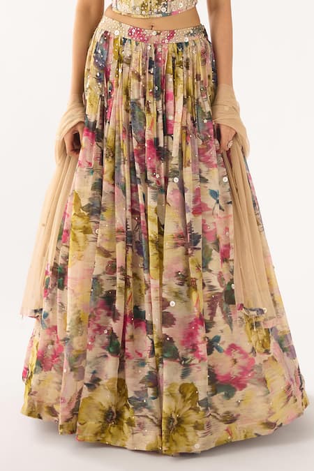 Shop_Basanti - Kapde Aur Koffee_Beige Organza Sequins Sweetheart Neck Embroidered Lehenga Set_Online_at_Aza_Fashions