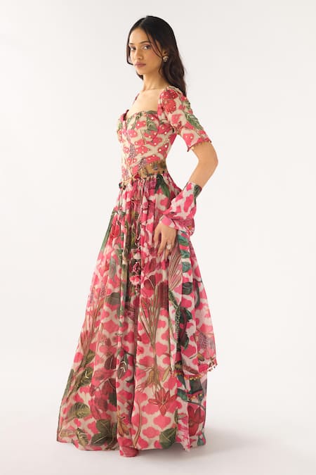 Basanti - Kapde Aur Koffee_Pink Organza Sequins, Cut Work Sweetheart Neck Embroidered Lehenga Set _Online_at_Aza_Fashions