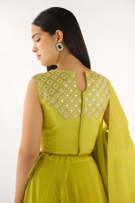 Basanti - Kapde Aur Koffee Lime Tissue Sequins V-neck Blouse And Embroidered Lehenga Set Online at Aza Fashions Basanti - Kapde Aur Koffee_Lime Tissue Sequins V-neck Blouse And Embroidered Lehenga Set _Online_at_Aza_Fashions