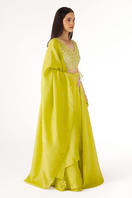 Buy Basanti - Kapde Aur Koffee Lime Tissue Sequins V-neck Blouse And Embroidered Lehenga Set Online at Aza Fashions Buy_Basanti - Kapde Aur Koffee_Lime Tissue Sequins V-neck Blouse And Embroidered Lehenga Set _Online_at_Aza_Fashions