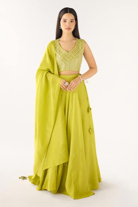 Basanti - Kapde Aur Koffee Lime Tissue Sequins V-neck Blouse And Embroidered Lehenga Set