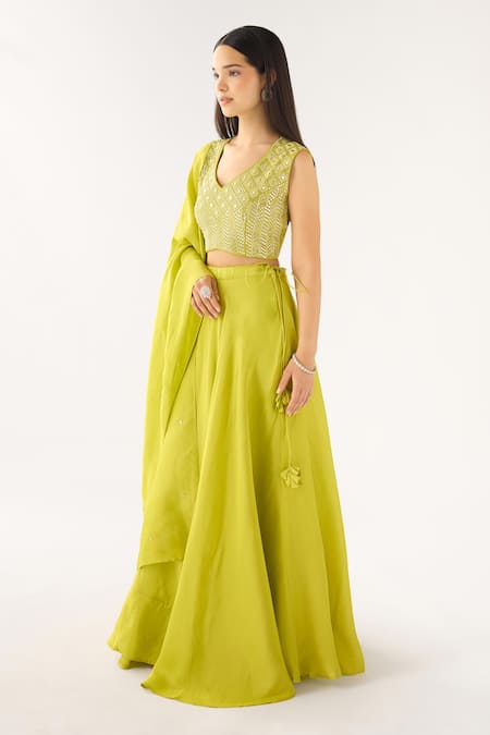 Shop Basanti - Kapde Aur Koffee Lime Tissue Sequins V-neck Blouse And Embroidered Lehenga Set Online at Aza Fashions Shop_Basanti - Kapde Aur Koffee_Lime Tissue Sequins V-neck Blouse And Embroidered Lehenga Set _Online_at_Aza_Fashions