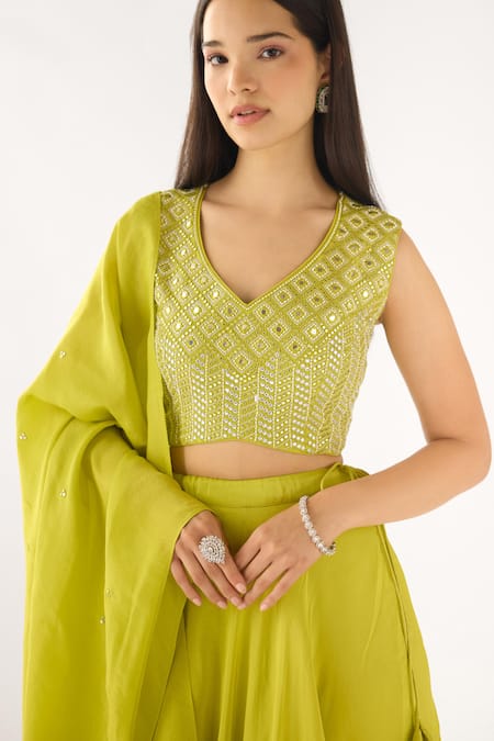 Basanti - Kapde Aur Koffee Lime Tissue Sequins V-neck Blouse And Embroidered Lehenga Set at Aza Fashions Basanti - Kapde Aur Koffee_Lime Tissue Sequins V-neck Blouse And Embroidered Lehenga Set _at_Aza_Fashions