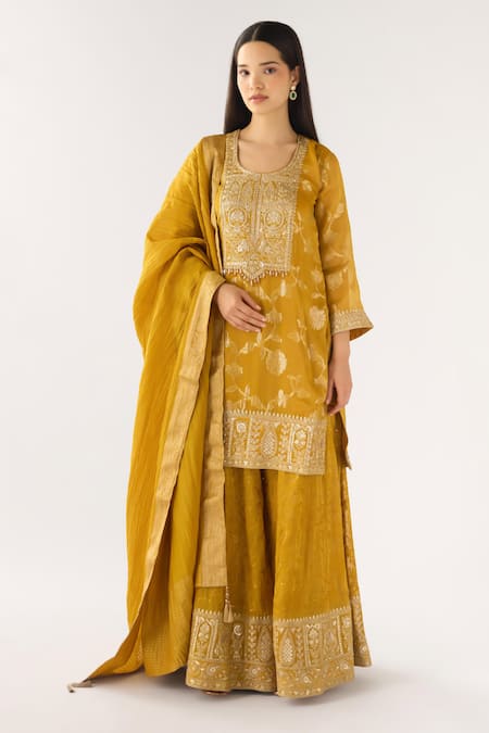 Basanti - Kapde Aur Koffee Mustard Brocade Zari, Sequins, Embroidery Round Neck Banarasi Sharara Set 