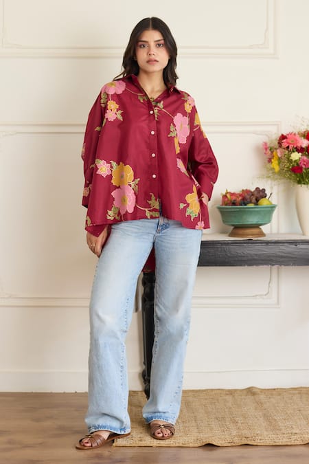 Juanita By Shubhda_Maroon Silk Collared Gia Floral Pattern Shirt _Online_at_Aza_Fashions