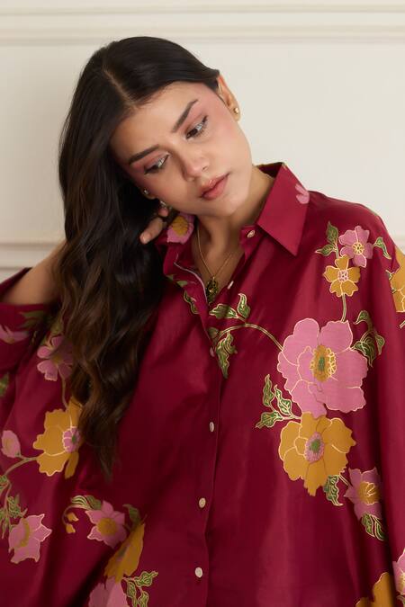 Buy_Juanita By Shubhda_Maroon Silk Collared Gia Floral Pattern Shirt _Online_at_Aza_Fashions