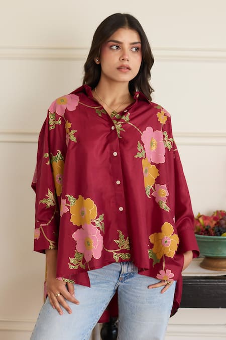 Juanita By Shubhda Maroon Silk Collared Gia Floral Pattern Shirt 