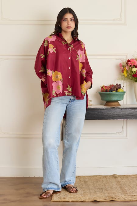 Shop_Juanita By Shubhda_Maroon Silk Collared Gia Floral Pattern Shirt _Online_at_Aza_Fashions