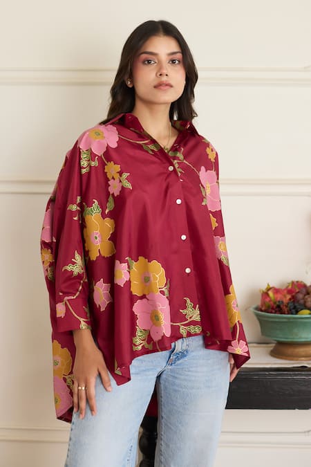 Juanita By Shubhda_Maroon Silk Collared Gia Floral Pattern Shirt _at_Aza_Fashions