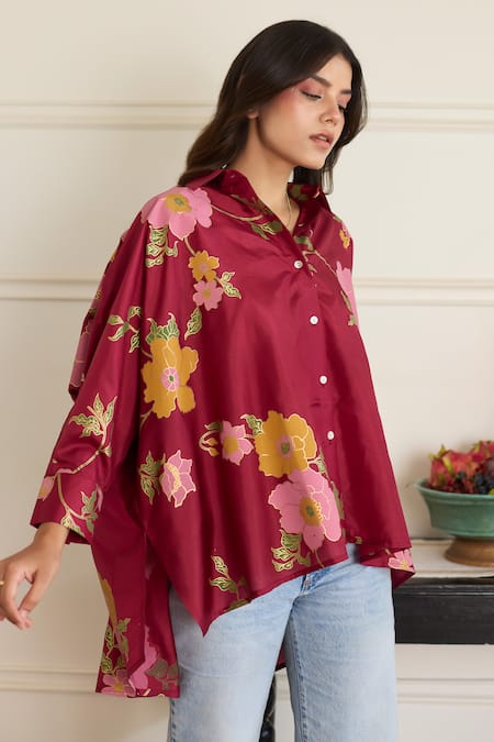 Buy_Juanita By Shubhda_Maroon Silk Collared Gia Floral Pattern Shirt 