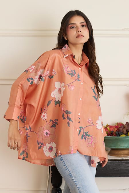 Juanita By Shubhda_Peach Silk Embroidery Collared Gia Salmon Floral Pattern Shirt _Online_at_Aza_Fashions