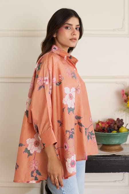 Buy_Juanita By Shubhda_Peach Silk Embroidery Collared Gia Salmon Floral Pattern Shirt _Online_at_Aza_Fashions