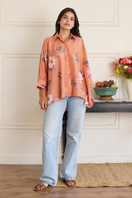 Juanita By Shubhda_Peach Silk Embroidery Collared Gia Salmon Floral Pattern Shirt _at_Aza_Fashions