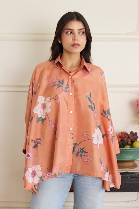 Buy_Juanita By Shubhda_Peach Silk Embroidery Collared Gia Salmon Floral Pattern Shirt 