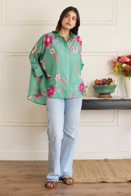 Juanita By Shubhda_Green Silk Collared Gia Sea Floral Pattern Shirt _Online_at_Aza_Fashions