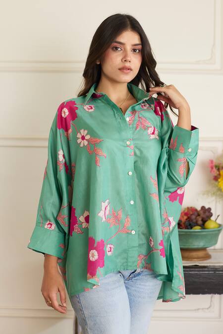 Buy_Juanita By Shubhda_Green Silk Collared Gia Sea Floral Pattern Shirt _Online_at_Aza_Fashions