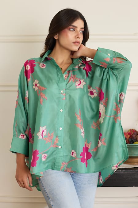 Shop_Juanita By Shubhda_Green Silk Collared Gia Sea Floral Pattern Shirt _Online_at_Aza_Fashions