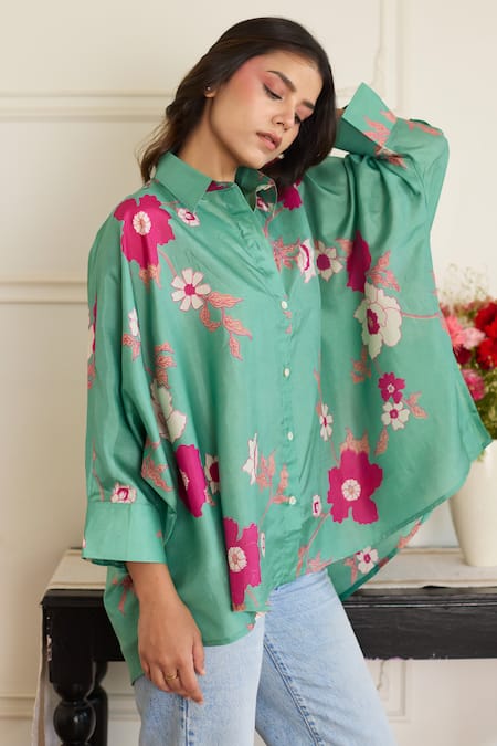 Juanita By Shubhda_Green Silk Collared Gia Sea Floral Pattern Shirt _at_Aza_Fashions