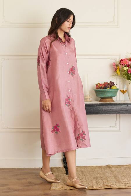 Juanita By Shubhda_Purple Silk Embroidery Collared Mauve Floral Pattern Dress _Online_at_Aza_Fashions
