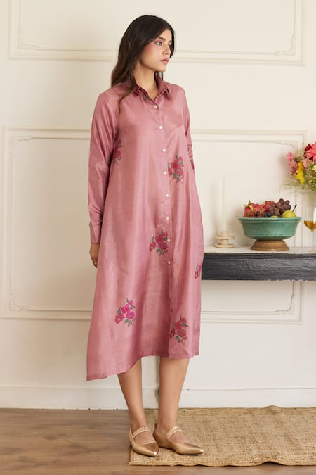 Shop_Juanita By Shubhda_Purple Silk Embroidery Collared Mauve Floral Pattern Dress _Online_at_Aza_Fashions