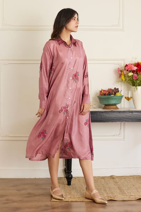 Juanita By Shubhda_Purple Silk Embroidery Collared Mauve Floral Pattern Dress _at_Aza_Fashions