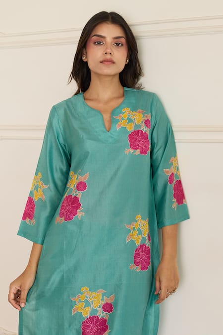 Juanita By Shubhda Aqua Silk Floral Print Kurta With Pant 