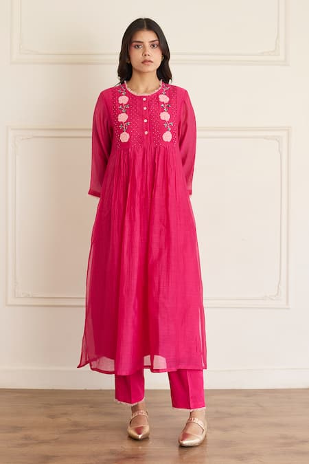 Shop_Juanita By Shubhda_Pink Chanderi Embroidery Round Neck Carnation Kurta With Pant _Online_at_Aza_Fashions