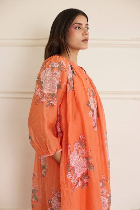 Juanita By Shubhda_Orange Chanderi Round Neck Saffron Floral Print Dress _Online_at_Aza_Fashions