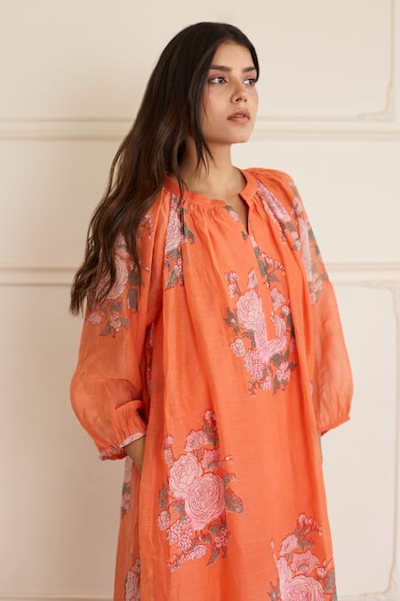 Buy_Juanita By Shubhda_Orange Chanderi Round Neck Saffron Floral Print Dress _Online_at_Aza_Fashions