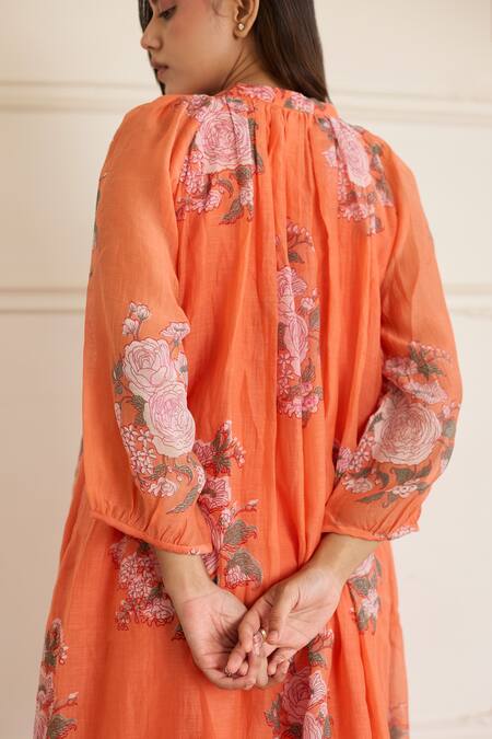 Shop_Juanita By Shubhda_Orange Chanderi Round Neck Saffron Floral Print Dress _Online_at_Aza_Fashions